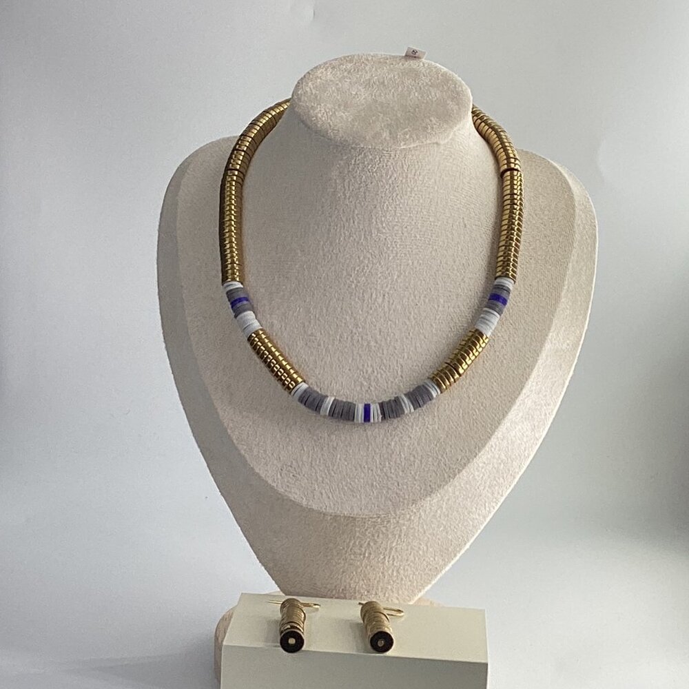 ✨ Mama Helen’s Hematite & Heishi Bead Set – Necklace & Earrings, avy Blue ✨